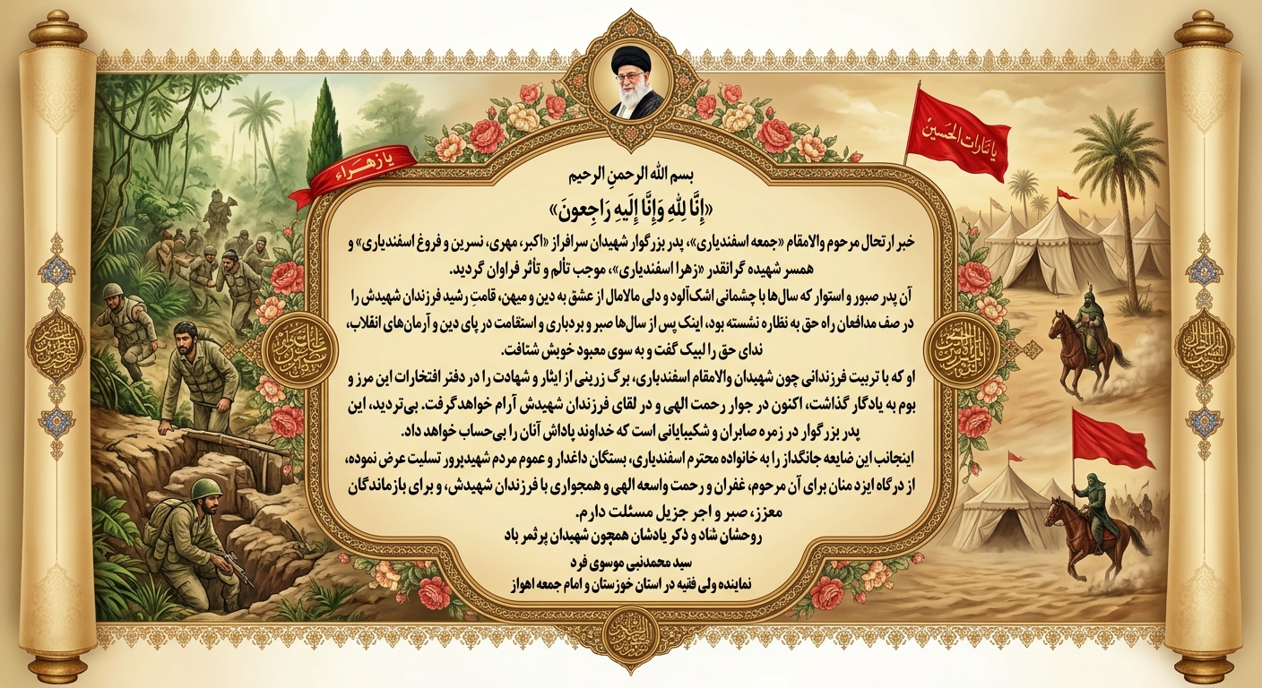 بیانیه ارتحال پدر و همسر شهیدان اسفندیاری